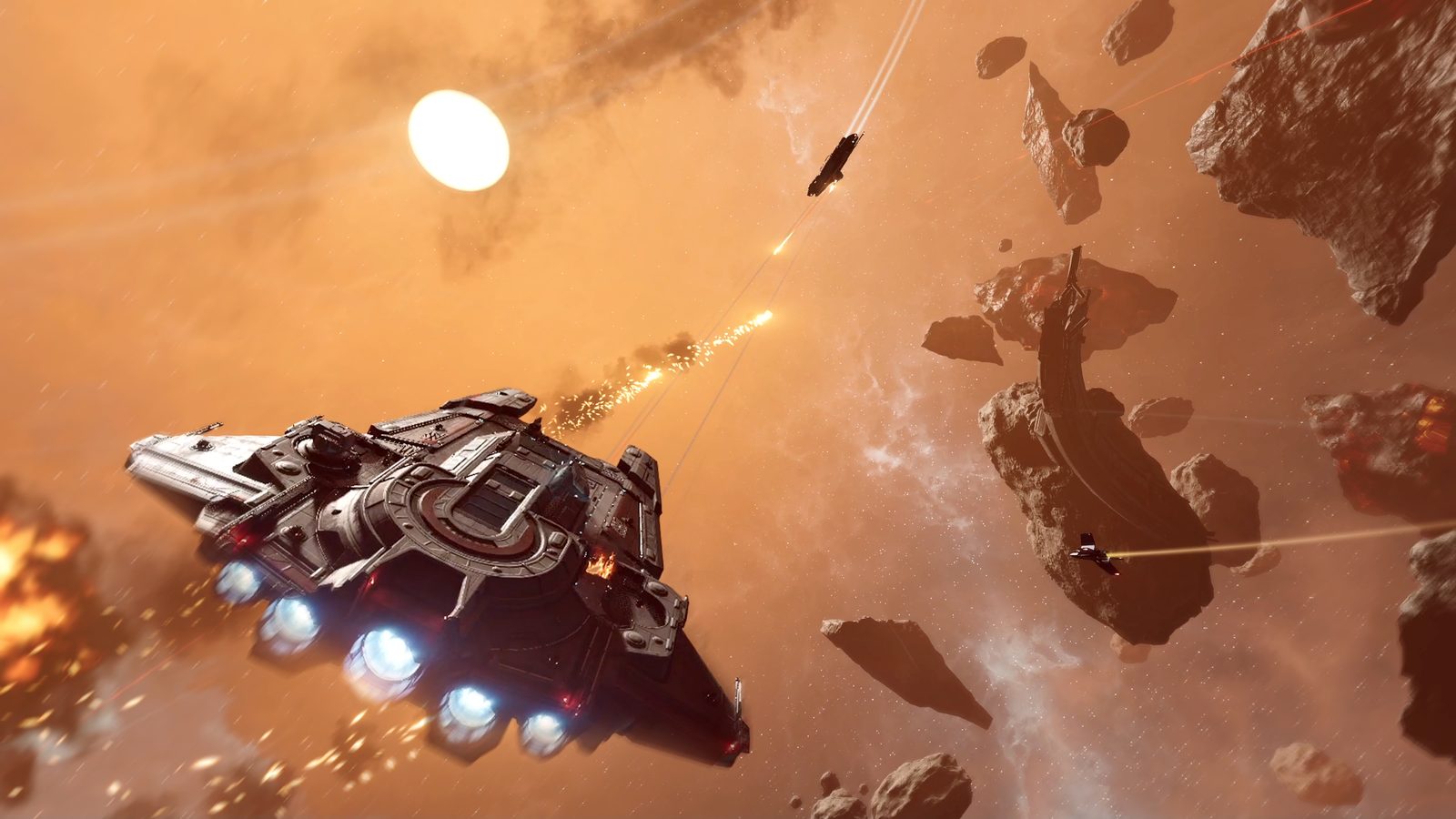 Jump Space ship firing its engines through an asteroid battle
