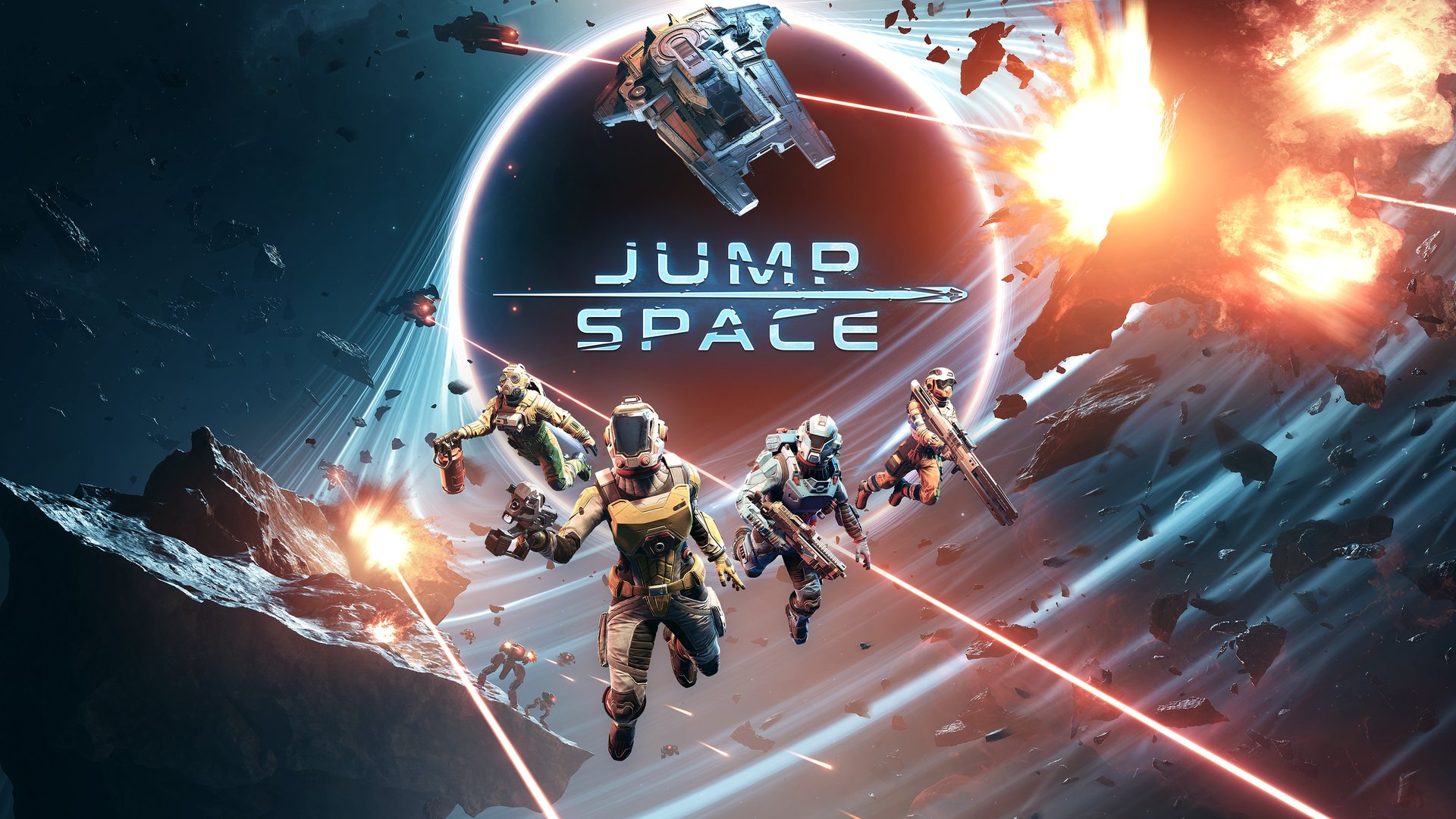 Official Jump Space key art with astronauts and ships in front of a glowing portal