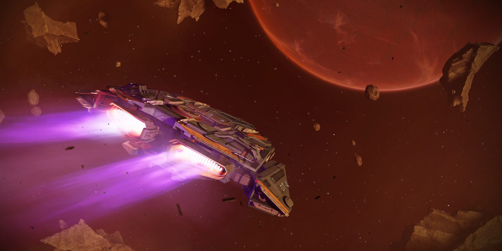 Jump Space ship flying past a red planet