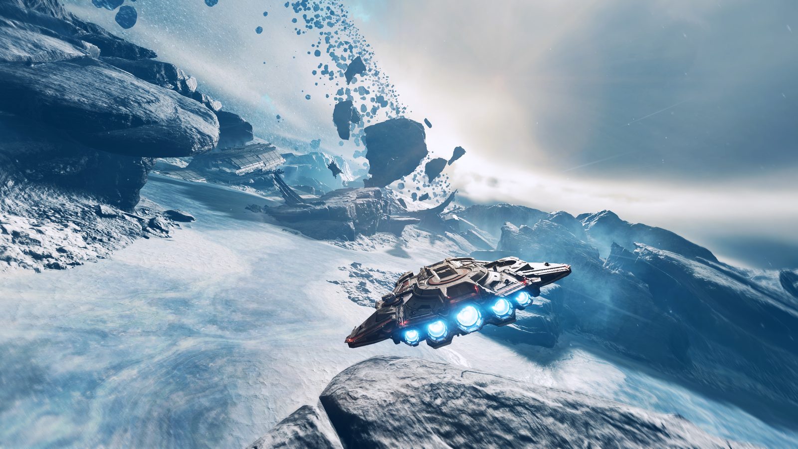 Jump Space ship flying above an icy planet surface
