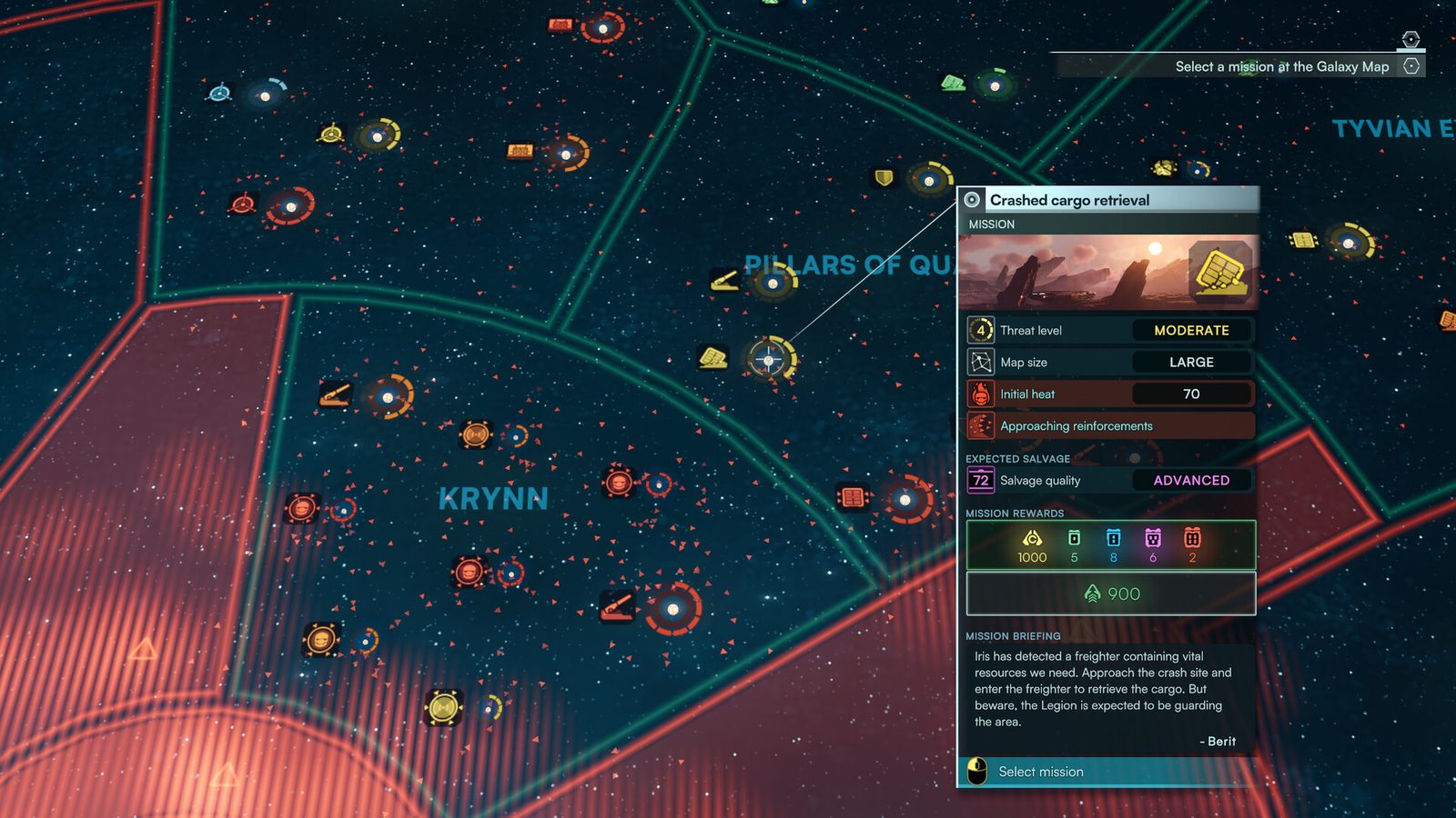Galaxy map with a Jump Space mission briefing card