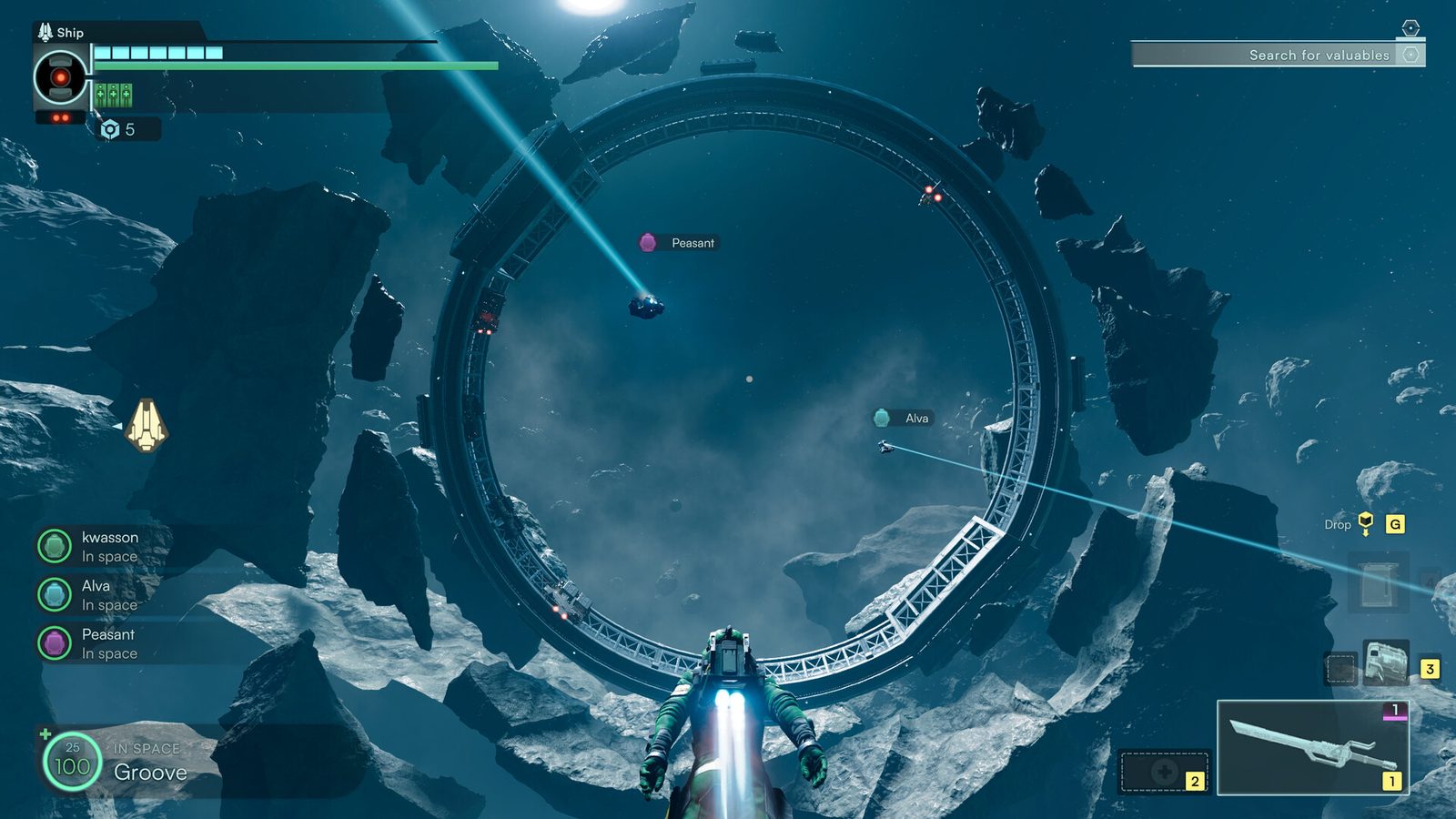 Astronaut with a jetpack approaching a ring-shaped station