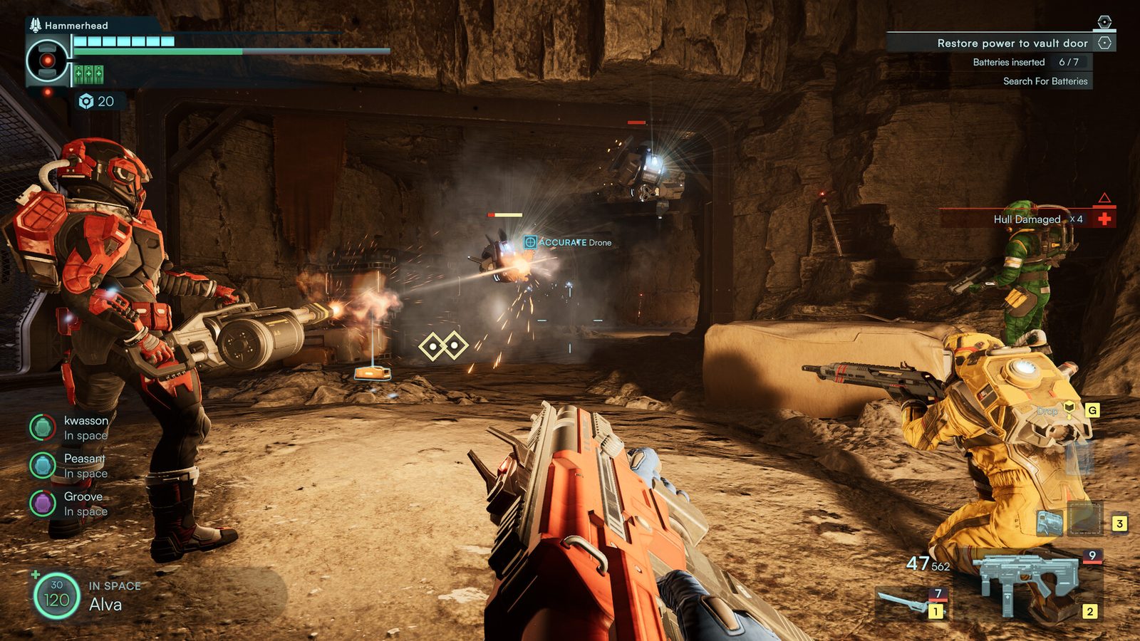 On-foot firefight with mission objectives in a Jump Space facility